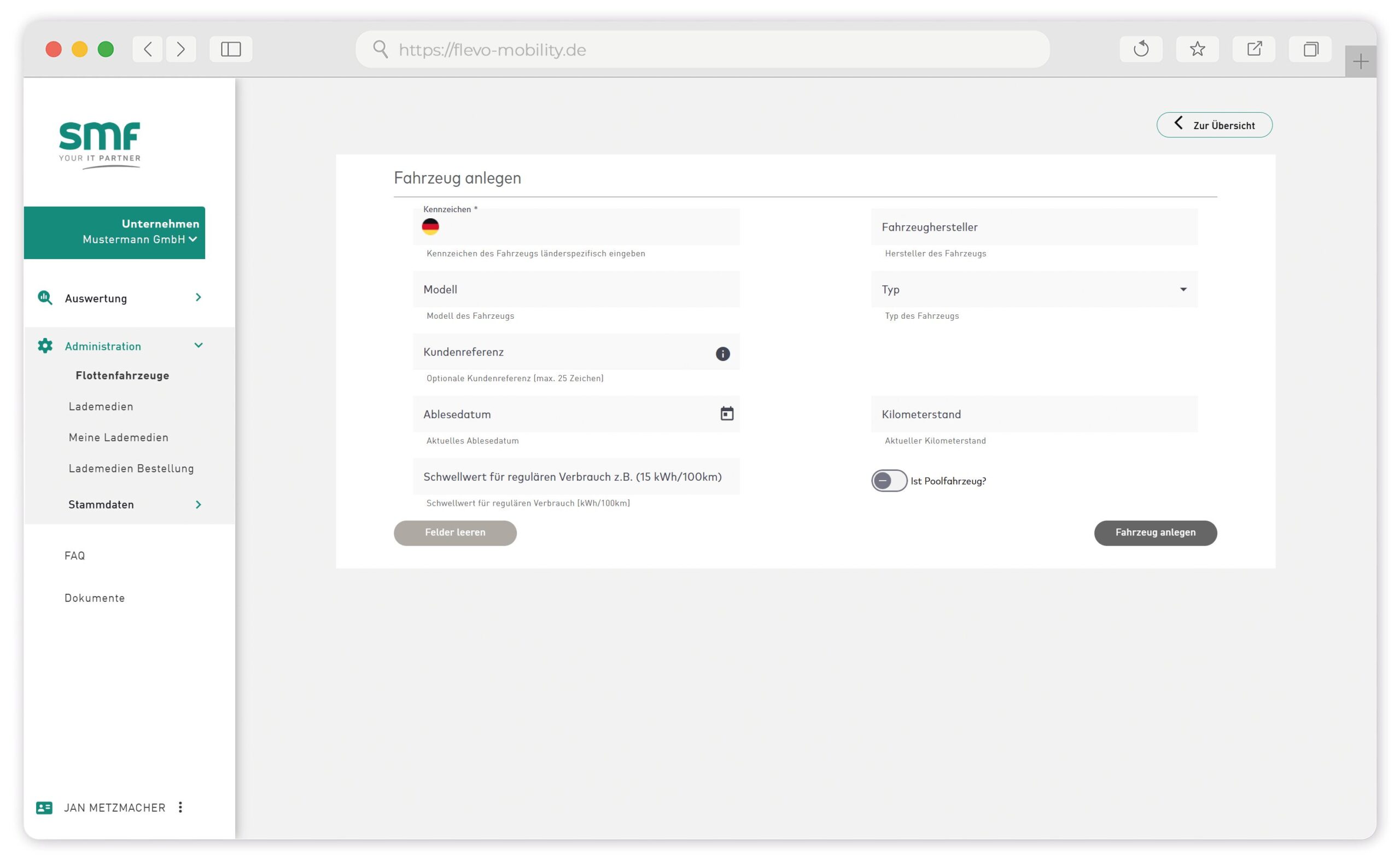 flevo Self-Service-Portal Fahrzeug anlegen